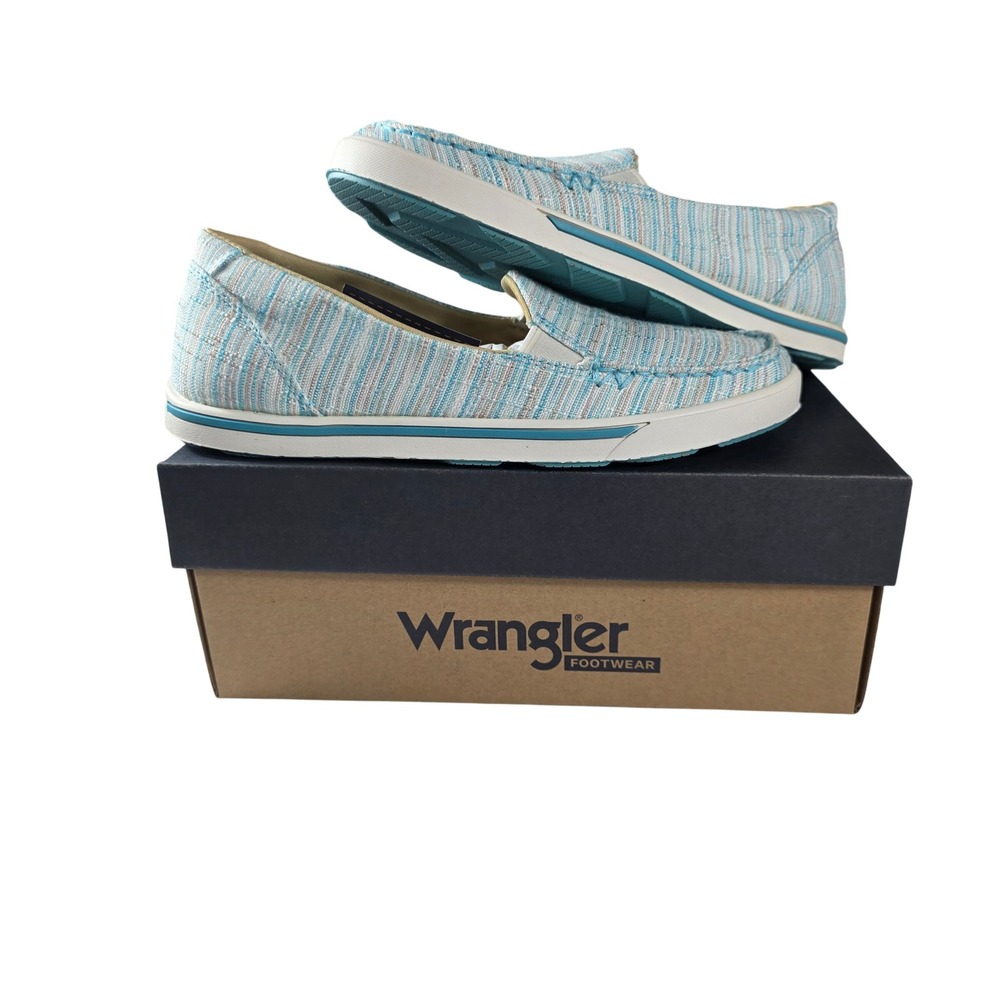 Wrangler Slip On Loafer Blue White Striped Textile Moc Toe 7M Casual Flats Retro